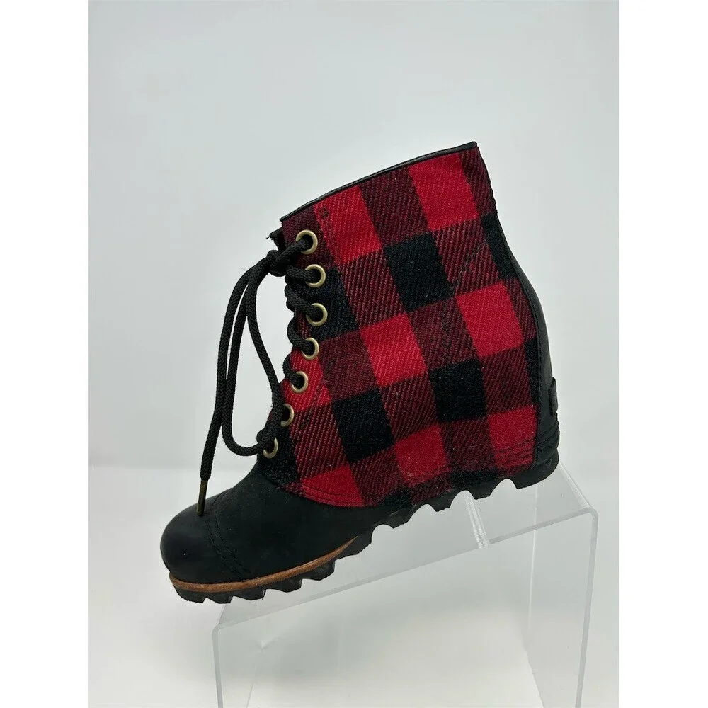 Sorel PDX Wedge Ankle Booties Womens Red Black Plaid Lace Up Lug Sole Size 8.5